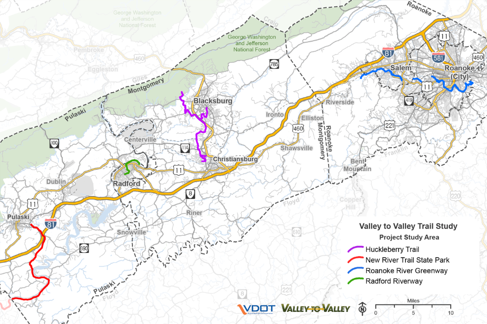 Map showing Valley to Valley Trail Study